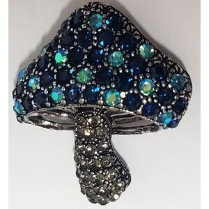 Mushroom Brooch Magical Toadstool Rhinestone Detailed Navy/Lt. Blues Pewter Pin